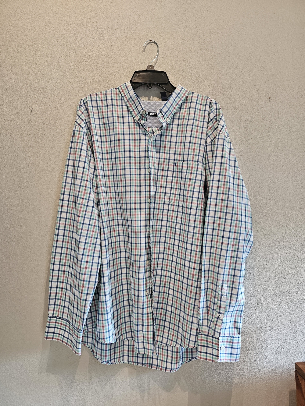 Izod Men’s White Button-Down Shirt with Blue and Green Plaid XXL